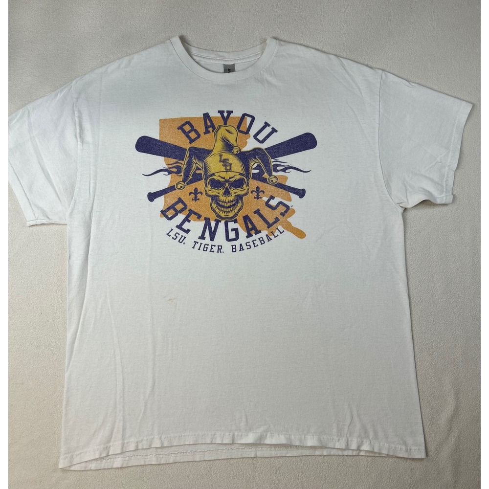 LSU Tiger Baseball BAYOU BENGALS T-Shirt Mens XL White Distressed Skull Jester